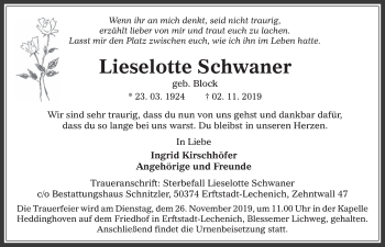 Anzeige von Lieselotte Schwaner von  Werbepost 