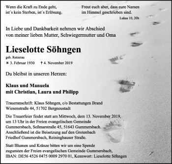 Anzeige von Lieselotte Söhngen von Kölner Stadt-Anzeiger / Kölnische Rundschau / Express