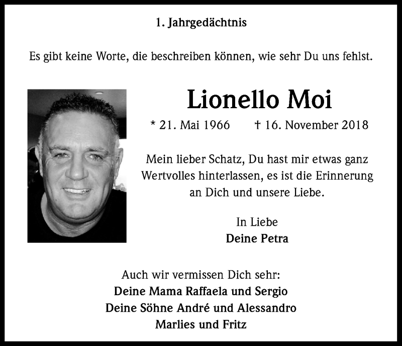  Traueranzeige für Lionello Moi vom 16.11.2019 aus Kölner Stadt-Anzeiger / Kölnische Rundschau / Express