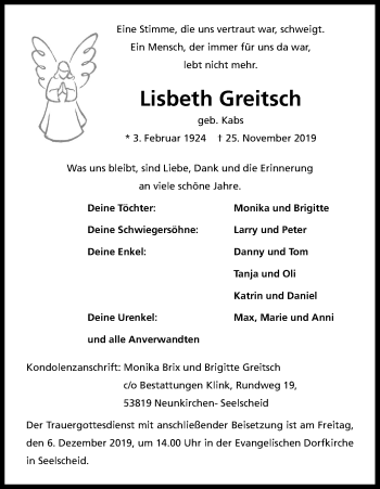 Anzeige von Lisbeth Greitsch von Kölner Stadt-Anzeiger / Kölnische Rundschau / Express