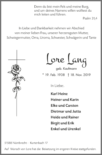 Anzeige von Lore Lang von  Lokalanzeiger 