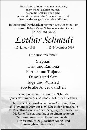 Anzeige von Lothar Schmidt von Kölner Stadt-Anzeiger / Kölnische Rundschau / Express