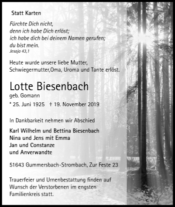 Anzeige von Lotte Biesenbach von Kölner Stadt-Anzeiger / Kölnische Rundschau / Express