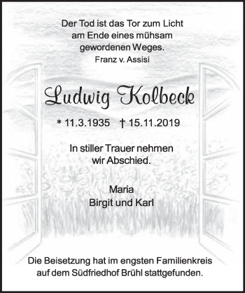 Anzeige von Ludwig Kolbeck von  Schlossbote/Werbekurier 