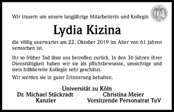 Anzeige von Lydia Kizina von Kölner Stadt-Anzeiger / Kölnische Rundschau / Express