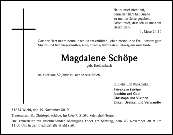 Anzeige von Magdalene Schöpe von Kölner Stadt-Anzeiger / Kölnische Rundschau / Express