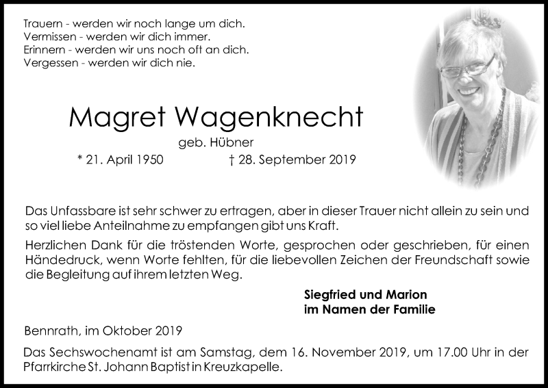  Traueranzeige für Magret Wagenknecht vom 02.11.2019 aus Kölner Stadt-Anzeiger / Kölnische Rundschau / Express