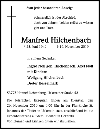 Anzeige von Manfred Hilchenbach von Kölner Stadt-Anzeiger / Kölnische Rundschau / Express