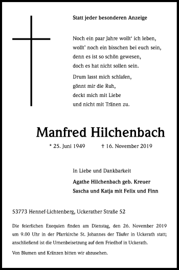 Anzeige von Manfred Hilchenbach von Kölner Stadt-Anzeiger / Kölnische Rundschau / Express