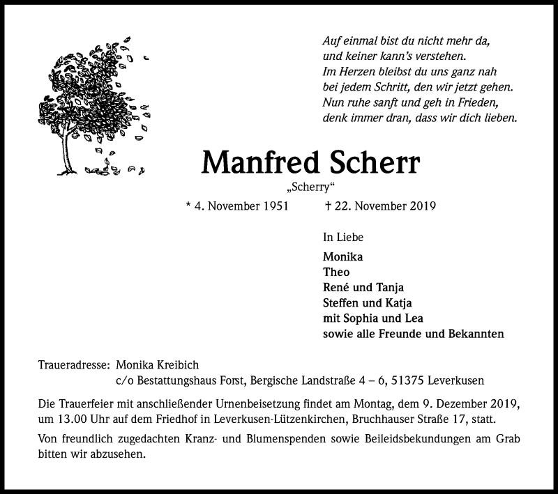  Traueranzeige für Manfred Scherr vom 30.11.2019 aus Kölner Stadt-Anzeiger / Kölnische Rundschau / Express