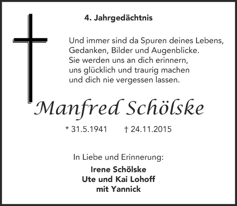  Traueranzeige für Manfred Schölske vom 20.11.2019 aus  Kölner Wochenspiegel 