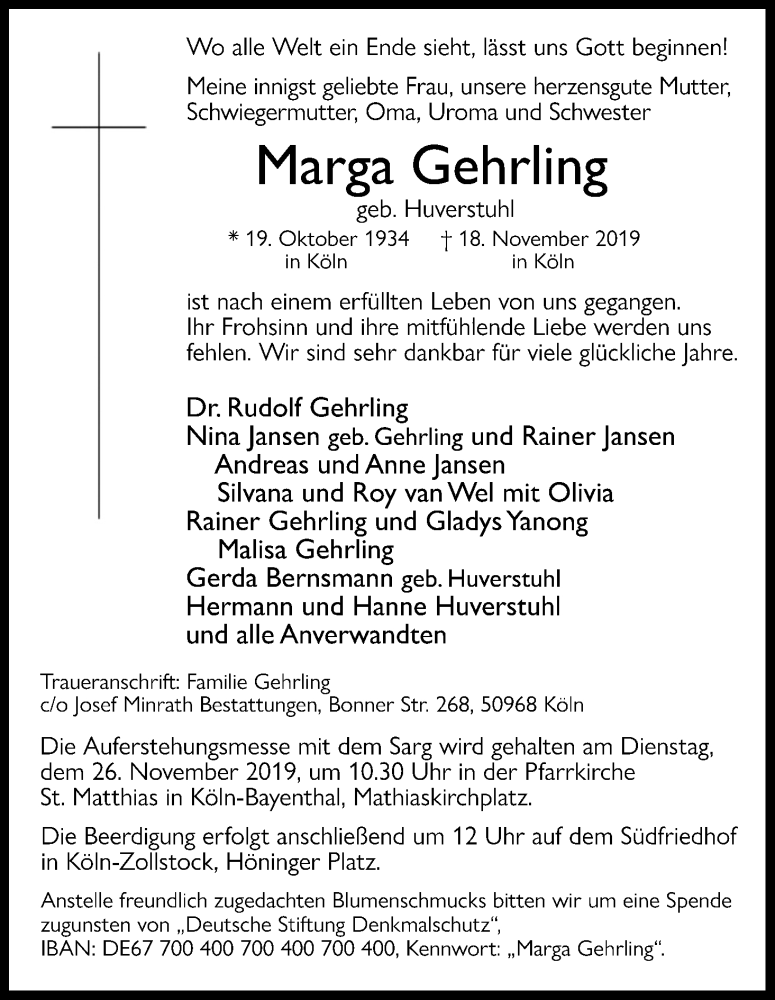  Traueranzeige für Marga Gehrling vom 23.11.2019 aus Kölner Stadt-Anzeiger / Kölnische Rundschau / Express