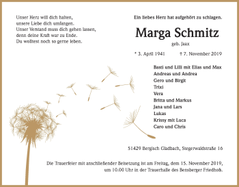 Anzeige von Marga Schmitz von Kölner Stadt-Anzeiger / Kölnische Rundschau / Express
