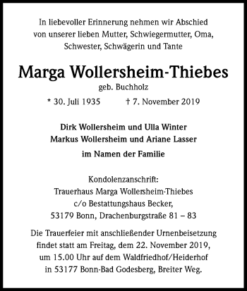 Anzeige von Marga Wollersheim-Thiebes von Kölner Stadt-Anzeiger / Kölnische Rundschau / Express