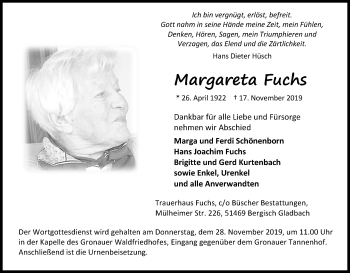 Anzeige von Margareta Fuchs von Kölner Stadt-Anzeiger / Kölnische Rundschau / Express