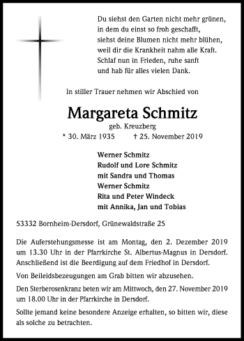 Anzeige von Margareta Schmitz von Kölner Stadt-Anzeiger / Kölnische Rundschau / Express