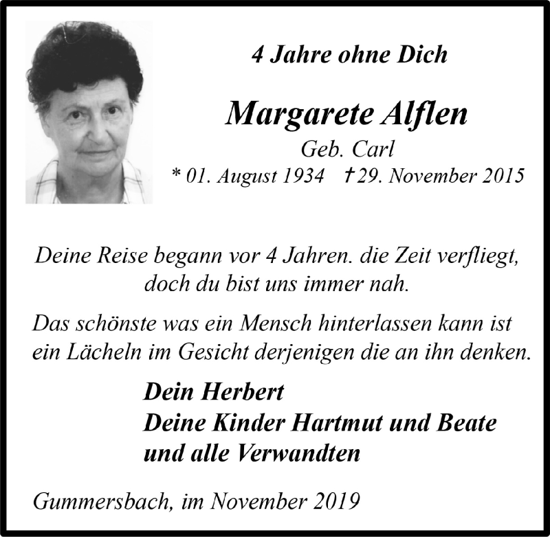  Traueranzeige für Margarete Alflen vom 27.11.2019 aus  Anzeigen Echo 