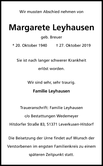 Anzeige von Margarete Leyhausen von Kölner Stadt-Anzeiger / Kölnische Rundschau / Express