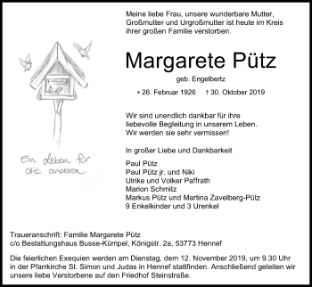 Anzeige von Margarete Pütz von Kölner Stadt-Anzeiger / Kölnische Rundschau / Express