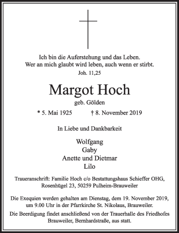 Anzeige von Margot Hoch von  Sonntags-Post 
