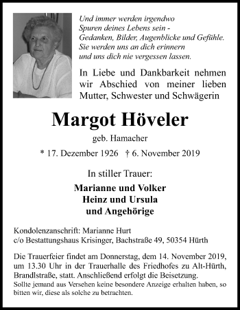 Anzeige von Margot Höveler von Kölner Stadt-Anzeiger / Kölnische Rundschau / Express