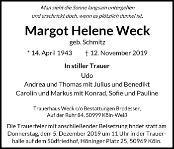 Anzeige von Margot Helene Weck von Kölner Stadt-Anzeiger / Kölnische Rundschau / Express