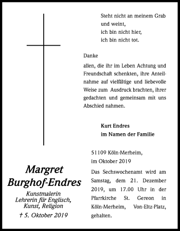 Anzeige von Margret Burghof-Endres von Kölner Stadt-Anzeiger / Kölnische Rundschau / Express
