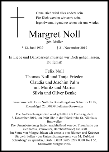 Anzeige von Margret Noll von Kölner Stadt-Anzeiger / Kölnische Rundschau / Express
