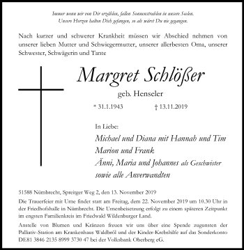Anzeige von Margret Schlößer von Kölner Stadt-Anzeiger / Kölnische Rundschau / Express