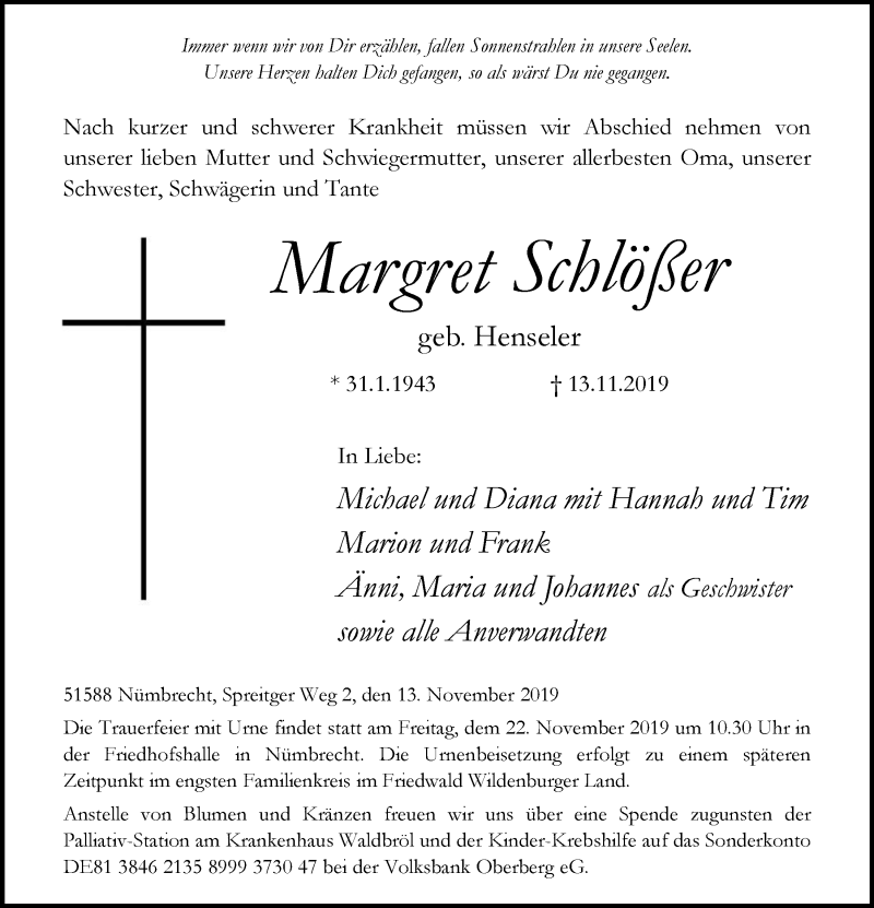  Traueranzeige für Margret Schlößer vom 20.11.2019 aus  Lokalanzeiger 