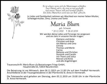 Anzeige von Maria Blum von Kölner Stadt-Anzeiger / Kölnische Rundschau / Express