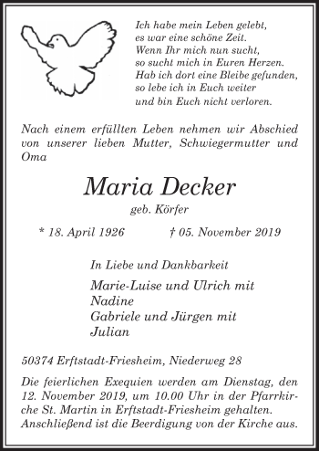 Anzeige von Maria Decker von  Sonntags-Post 