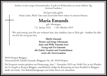 Anzeige von Maria Emunds von  Sonntags-Post 