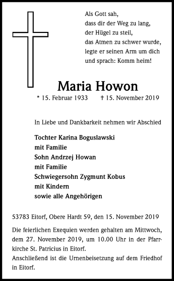 Anzeige von Maria Howon von Kölner Stadt-Anzeiger / Kölnische Rundschau / Express