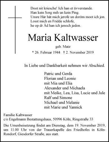Anzeige von Maria Kaltwasser von  Kölner Wochenspiegel 