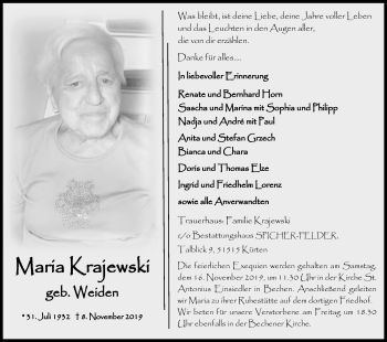 Anzeige von Maria Kraiewski von Kölner Stadt-Anzeiger / Kölnische Rundschau / Express