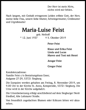 Anzeige von Maria-Luise Feist von Kölner Stadt-Anzeiger / Kölnische Rundschau / Express
