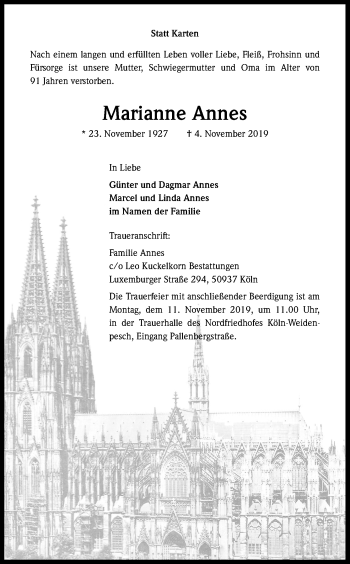 Anzeige von Marianne Annes von Kölner Stadt-Anzeiger / Kölnische Rundschau / Express