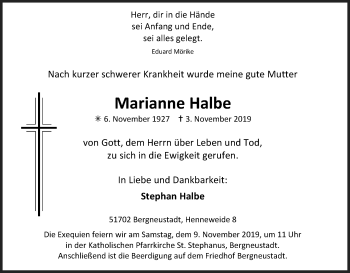 Anzeige von Marianne Halbe von Kölner Stadt-Anzeiger / Kölnische Rundschau / Express