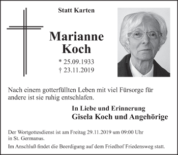 Anzeige von Marianne Koch von  Schlossbote/Werbekurier 