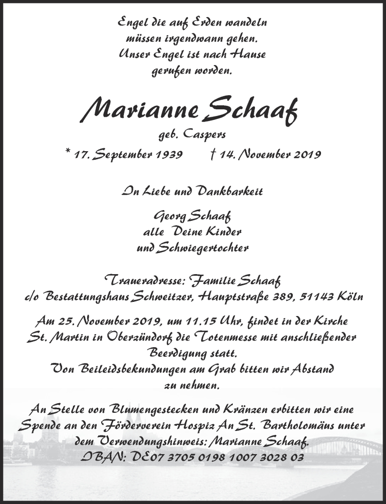  Traueranzeige für Marianne Schaaf vom 20.11.2019 aus  Kölner Wochenspiegel 