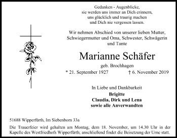 Anzeige von Marianne Schäfer von Kölner Stadt-Anzeiger / Kölnische Rundschau / Express