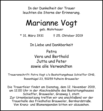 Anzeige von Marianne Vogt von Kölner Stadt-Anzeiger / Kölnische Rundschau / Express