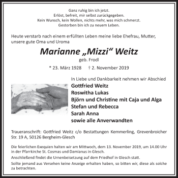 Anzeige von Marianne Mizzi Weitz von  Sonntags-Post 