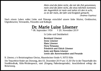 Anzeige von Marie Luise Lösener von Kölner Stadt-Anzeiger / Kölnische Rundschau / Express