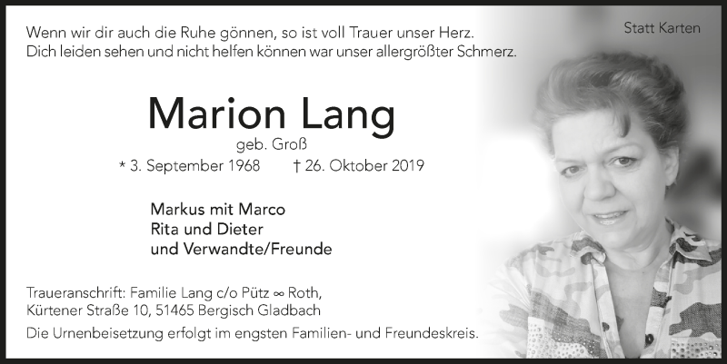  Traueranzeige für Marion Lang vom 06.11.2019 aus  Bergisches Handelsblatt 