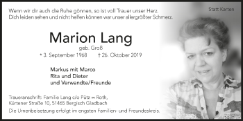 Anzeige von Marion Lang von  Bergisches Handelsblatt 