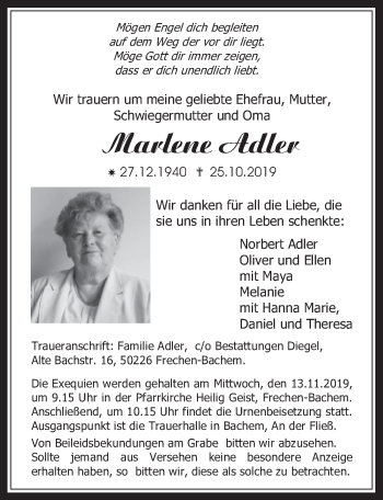 Anzeige von Marlene Adler von  Wochenende 