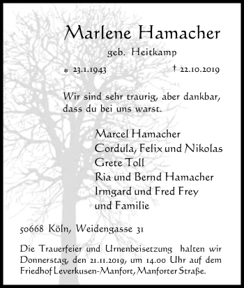 Anzeige von Marlene Hamacher von Kölner Stadt-Anzeiger / Kölnische Rundschau / Express