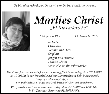 Anzeige von Marlies Christ von Kölner Stadt-Anzeiger / Kölnische Rundschau / Express